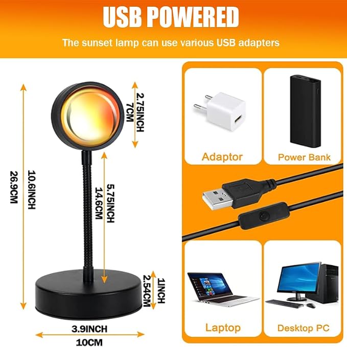 JIMEI Sunset Lamp Projector - Led Lights for Bedroom, RGB Sunrise Lamp, 10w, 360 Rotation, Mood Lighting, Home/Room Decor, Gifts for Women, Desktop APP Control