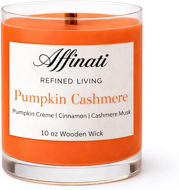 Affinati Pumpkin Cashmere Scented Candle, 10 oz Wooden Wick Tumbler Jar – Highly Fragrant Luxury Warm Spice Aromatherapy, Fall Pumpkin Soy Gift