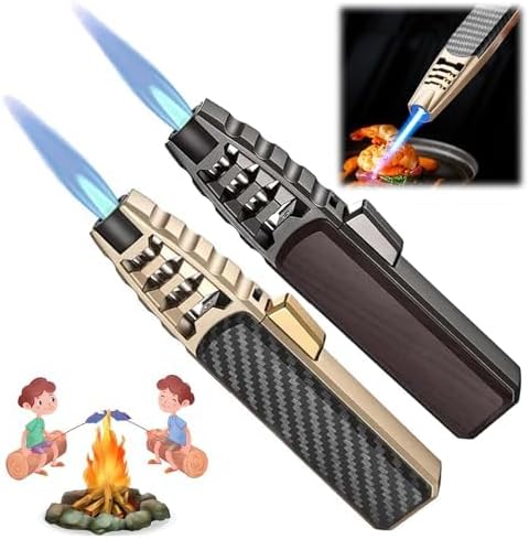 2 Packs Butane Torch Lighter, Windproof Kitchen Cooking Torch with Safety Lock & Adjustable Jet Flame, Refillable Bright Fire Blow Torch for Cooking, BBQ, Baking, Candle, Camping (Butane Not Included)