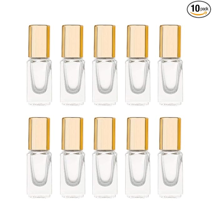 3ml Square Glass Roller Bottle For Essential Oils,Mini Glass Bottles With Stainless Steel Roller Balls,Gold Aluminum Caps Portable Roll-On Vial Aromatherapy Perfume Container-10 Pack