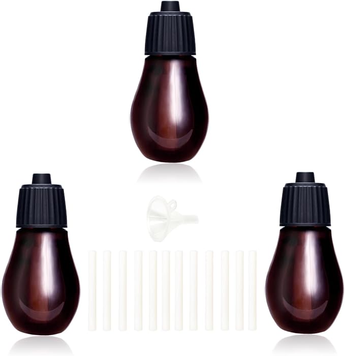 3Pcs Empty Glass Bottles +12Oil Cores +1Mini Funnel - 20ml Refillable Travel Liquid Sample Storage Vials Test Container- Great for Oils, Perfumes and DIY Aromatherapy Fits Waterless Diffuser