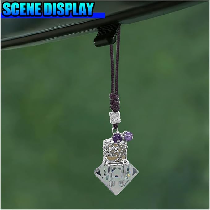 Hanging Car Essential Oil Diffuser Bottle, Crystal Diamond Car Rear View Mirror Charm, 8 ml Empty Glass Bottle Pendant, Elegant Auto Interior Decoration Accessories (Crystal)