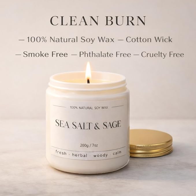 Sea Salt & Sage Candle - Summer Scented Soy Candles for Home - Coastal Decor for Beach Lovers, 7oz Soy Wax, 40 Hour Burn Time, Beach, Living Room, Bathroom