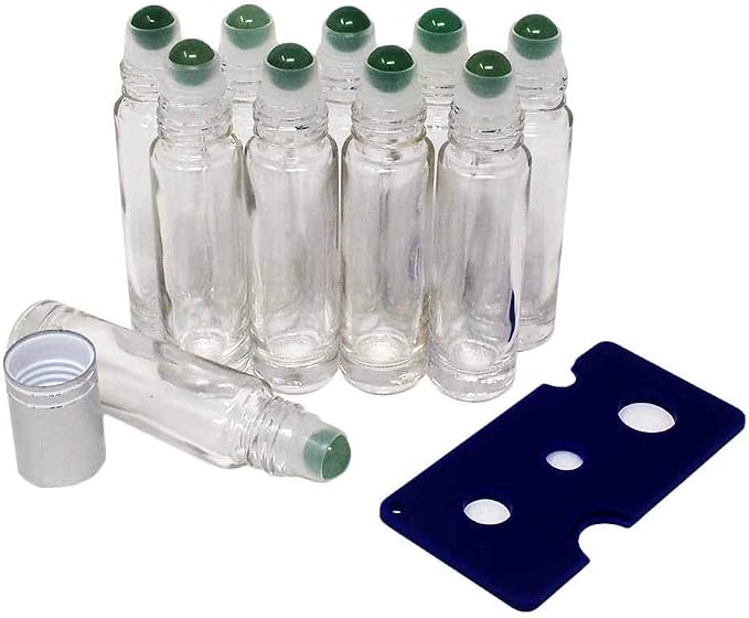 fengshuisale 10pcs Clear 10ml Empty Refillable Glass Bottles with Crystal Semiprecious Stones Essential Oil Gemstone Roller Ball Bottles with Silver Lid with Free Bag W3900 (Aventurine)