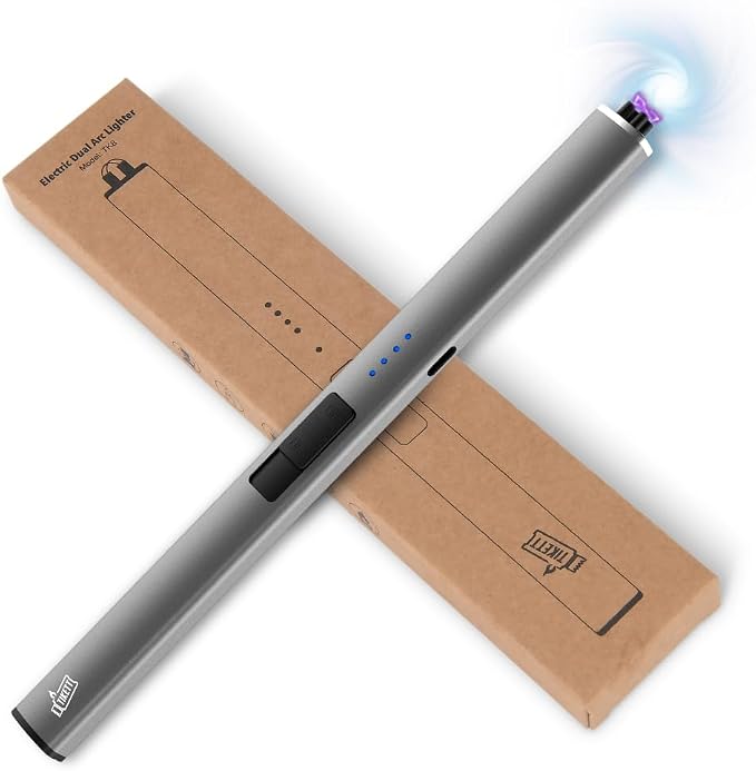 Windproof Flameless Long Candle Lighter with Dual Arc, USB Rechargeable Lighter for Candles, Grill and Fireworks