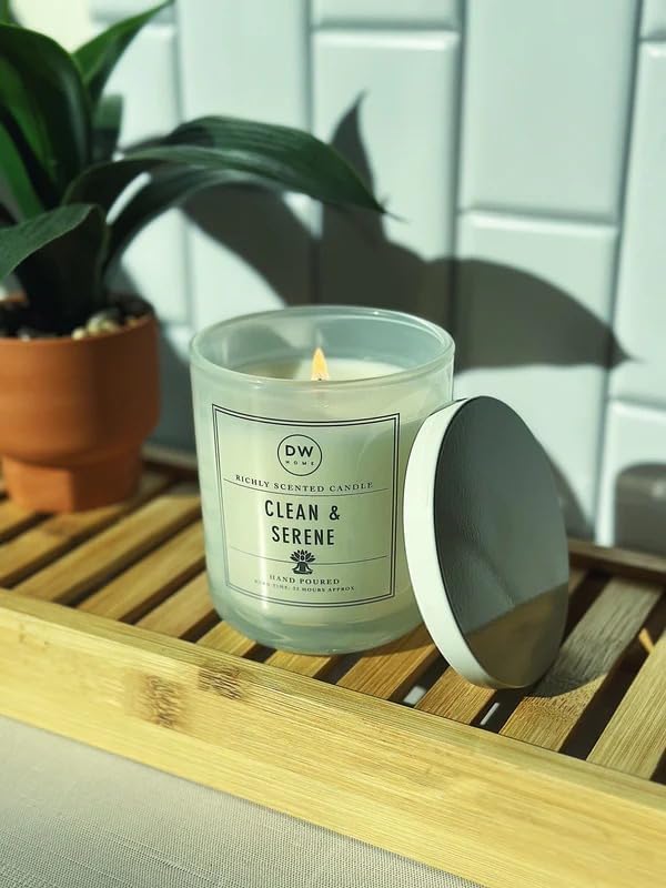 DW Home Clean & Serene Scented Candle – Fresh Ozone, Jasmine & Lily Blossom Fragrance, 9 oz Single Wick Jar Candle, Long Burning Home Fragrance