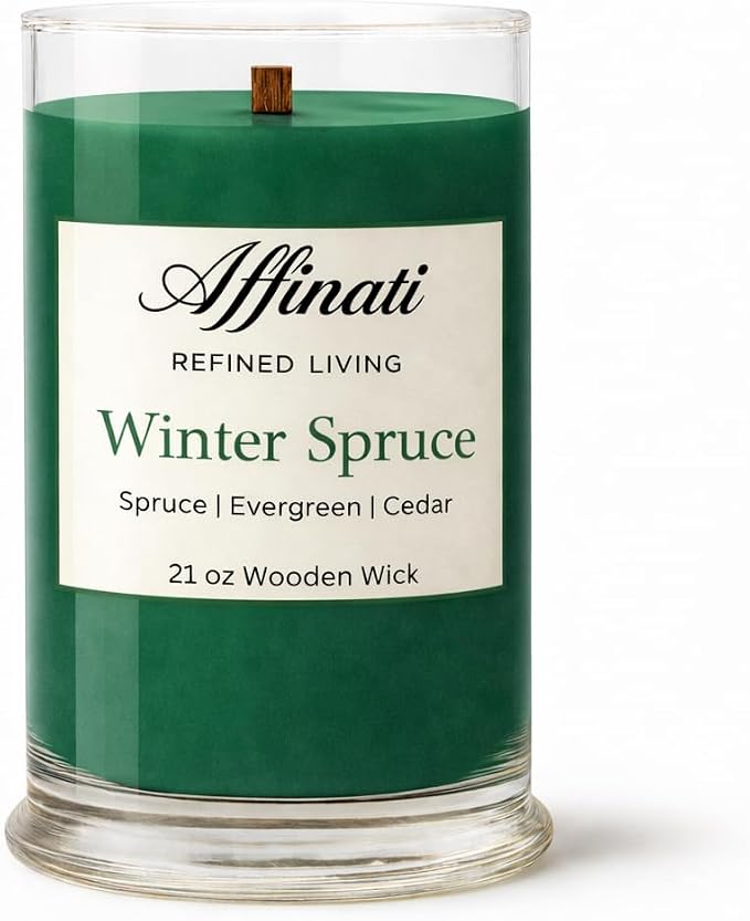 Affinati Winter Spruce Large Scented Candle, 21 oz Wooden Wick Tumbler – Highly Fragrant Long Lasting Premium Christmas Fragrance, Soy Blend
