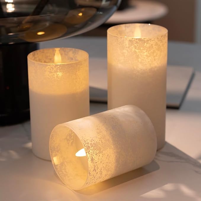 ANGELLOONG White Candles Battery Operated, White Flameless Candles with Remote, Set of 3 Spring Electric Fake LED Pillar Candle in Glass for Home Decor Wedding Decoration