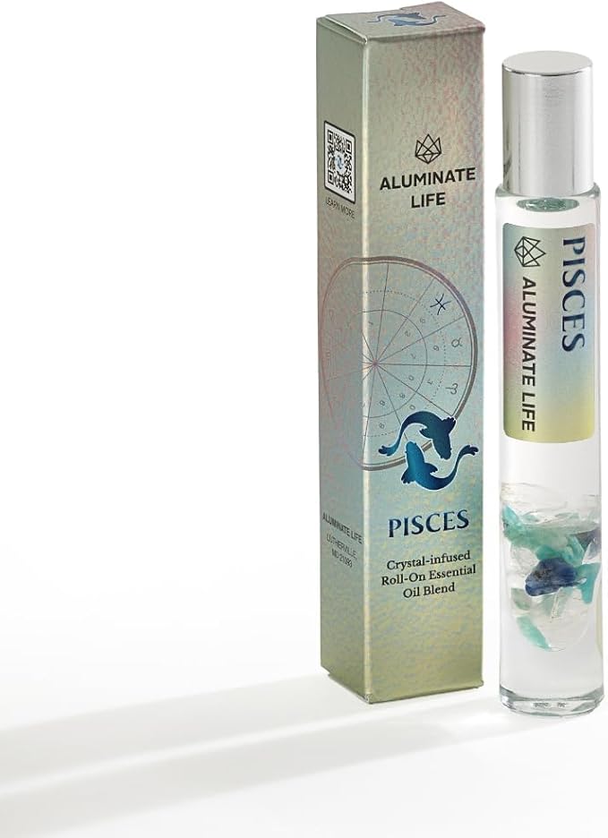 Pisces Zodiac Crystal-Infused Essential Oil Rollerball, Aromatherapy Blend - Calm & Intuition, Premium Astrology Sign Birthday Gift, Natural Therapeutic Roller, 10 mL