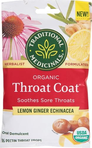 Traditional Medicinals Organic, Throat Coat Lozenges, Lemon Ginger Echinacea - Herbal Cough Drops, Helps Soothe Sore Throat - Non-GMO, Stimulant-Free - 16 Count (Pack of 2)