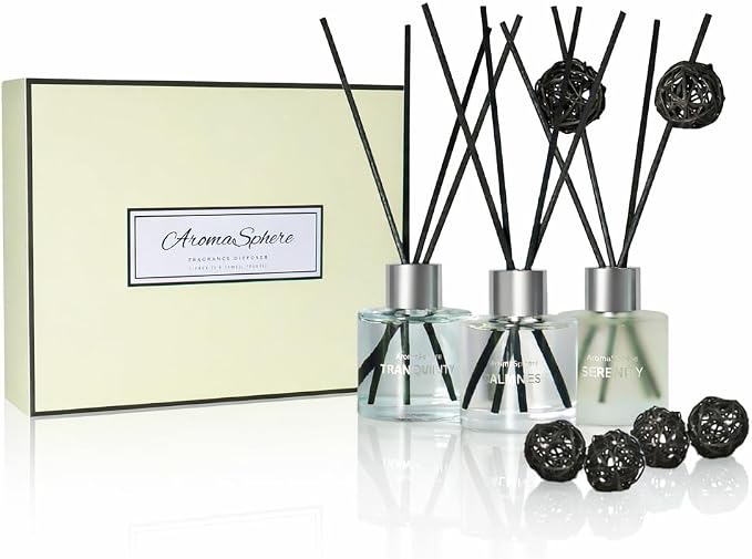 Reed Diffuser Set of 3 | Aromatherapy Fragrance Oil | 12 Sticks and 6 Rattan Balls, 3 x 50ML (Eucalyptus, Westin White Tea, Lemongrass & Ginger, Yellow Beige Edition)