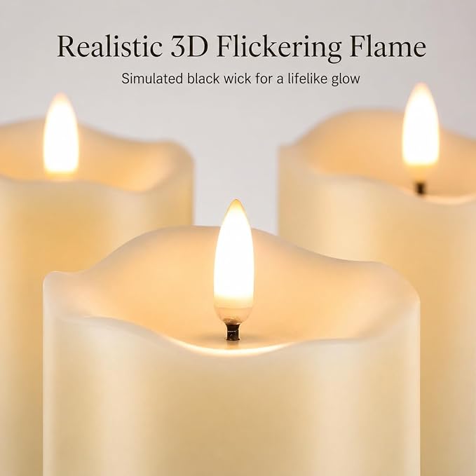 ANGELLOONG Flickering Flameless Candles, Realistic Battery Operated Candles with Remote and Timer, Set of 3 LED Candles for Fall Room Home Wedding Decor Centerpieces Table Party Christmas Decorations