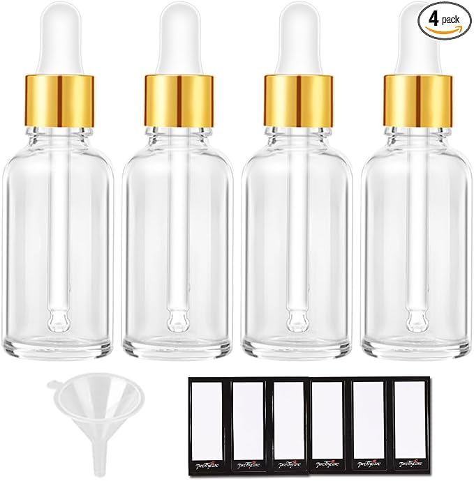PrettyCare 2 oz Dropper Bottles, 4 Pack Clear Glass Bottles 60ml with Golden Caps, 12 Labels, Funnel & Measured Pipettes-Empty Tincture for Essential Oils & Skincare