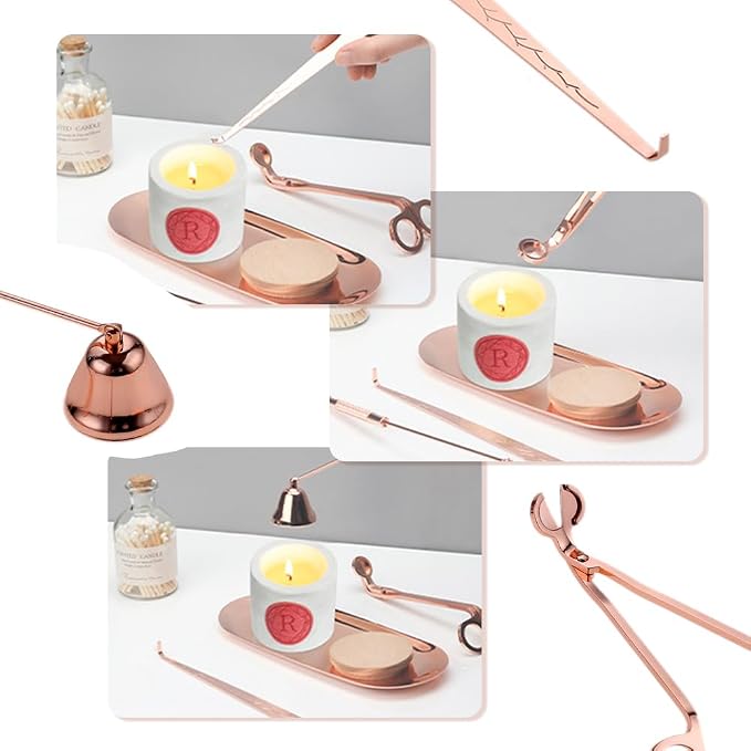 Candle Accessory Set Gift Box, Exquisite Wave Storage Tray Plate, Candle Wick Trimmer, Bell Candle Wick Snuffer, Candle Wick Dipper, 4-in-1 Candle Care Toll Kit for Scented Candle Lover, Silver