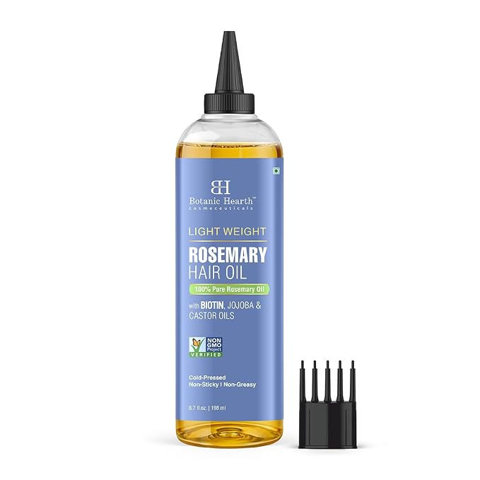Botanic Hearth Rosemary Hair Oil | 6.7 fl oz | Lightweight Non-Greasy Oil for Fine & Thin Hair | With Rosemary, Castor Oil & Biotin | Smooths Frizz & Adds Shine | Daily Use for Men & Women