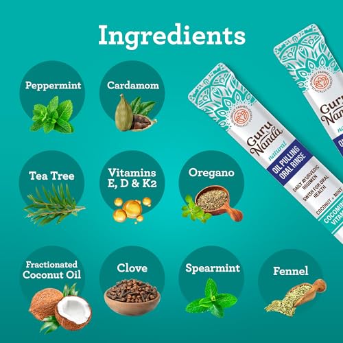 GuruNanda Travel Sachets Coconut Oil Pulling, Fresh Breath Mouthwash, 7 Essential Oils & Vitamins for Happy Teeth & Gums, 7 Sachets (Pack of 2)