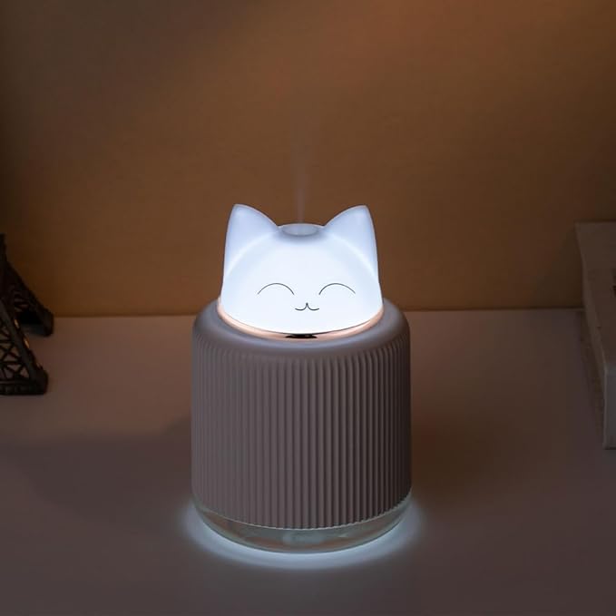 Mini Humidifier-Cute Cat Mist Humidifier for Kids Bedroom, Small Ultrasonic humidifier for Home Car Office with USB 2 LED Colors, Waterless Auto Shutoff, Quiet 300ml (Pink)