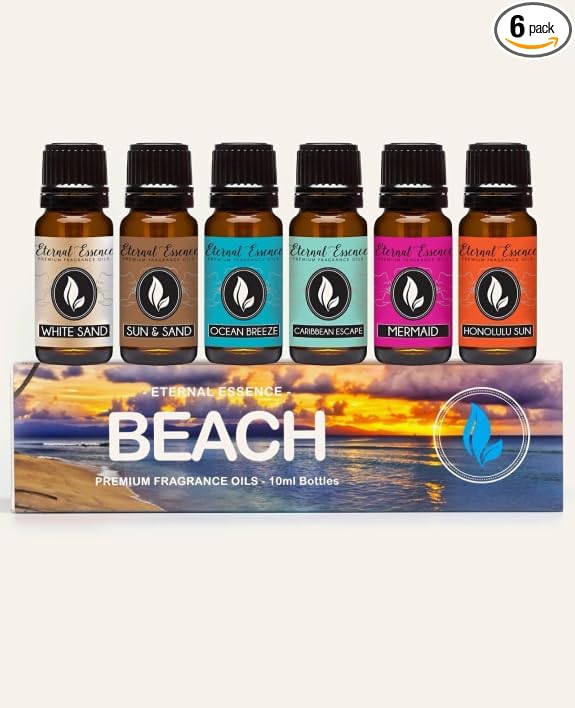 Eternal Essence Oils Beach Set of 6 Premium Fragrance Oils - Includes White Sand, Ocean Breeze, Honolulu Sun, Mermaid, Caribbean Escape, and Sun & Sand Scented Oils - 10ML