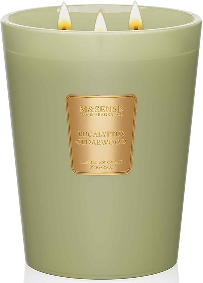 M&SENSE Eucalyptus Cedarwood Soy Candle, 35oz 3-Wick 150H, Large Aromatherapy Candle for Stress Relief Calm, Home Office Decor, Housewarming Gift