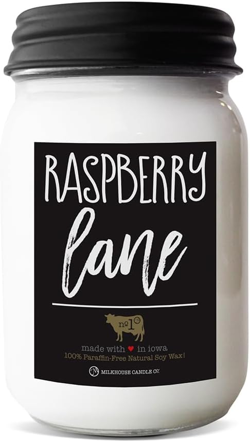 Milkhouse Candle Company Raspberry Lane Soy Candle - Mandarin | Raspberries | Vanilla Scented - 13 oz Mason Jar with Lid, 70+ Hour Burn Time, Made in the USA