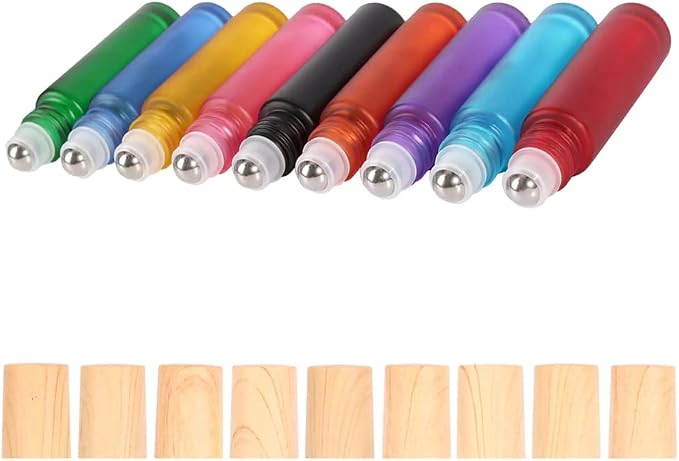 10 Pcs Frosted Glass Essential Oils Roll on Bottles,10ml Refillable Massage Roller Bottles Perfume Bottles with Stainless Steel Ball Wood Grain Cap Empty Travel Roller Essential Oils Vials(Black)