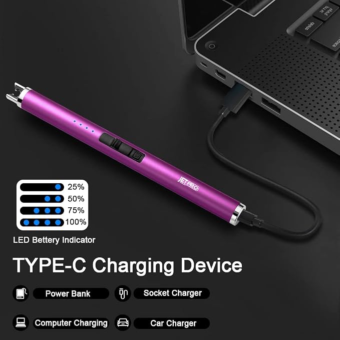 USB Rechargeable Candle Lighter Electronic Arc Lighter Windproof Flameless with Safety Button for Camping Cooking BBQ (Purple)