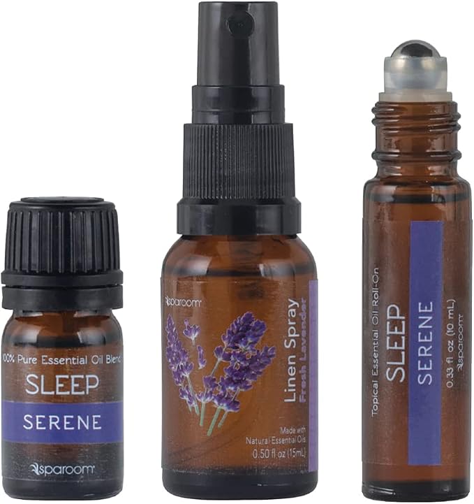 SpaRoom Serene Essential Oil Travel Kit with Eye Mask and Bag; Linen Spray, Essential Oil and Topical Roll-on, Pink Marble