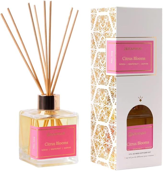 Aromatique, Reed Diffuser Set, Reusable, Refillable Glass Vessel Includes 8 Reed Sticks, Flame Free, Luxury Home Decor Fragance, Boxed for Gifting, (Standard, Citrus Bloom)