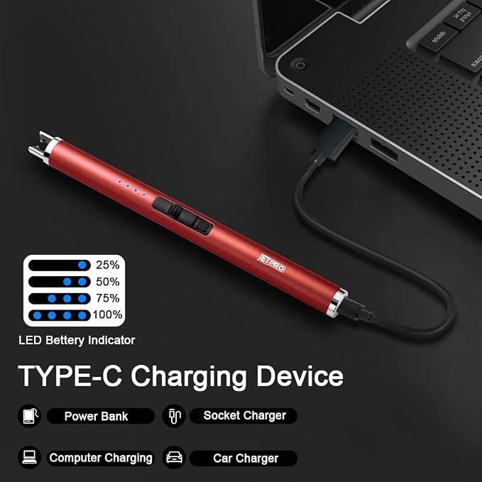 USB Rechargeable Candle Lighter Electronic Arc Lighter Windproof Flameless with Safety Button for Camping Cooking BBQ (Red)