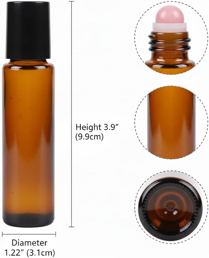 30ml Amber Glass Roll On Bottle with Natural Jade Roller Ball - Refillable, Leak-Proof Essential Oil Bottle for DIY Perfume, Aromatherapy, Skincare & Travel(Pink, 30, Milliliters)