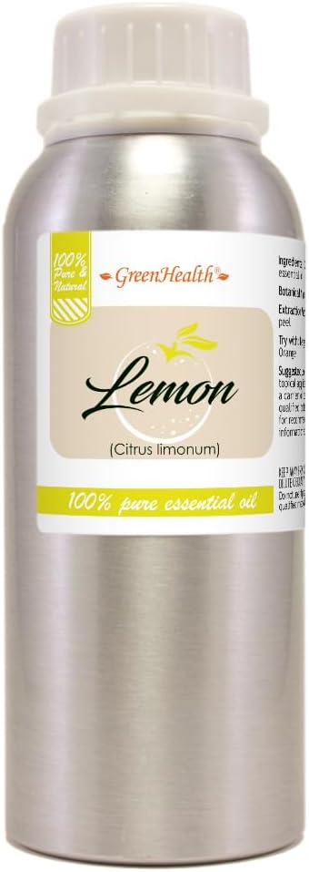 GreenHealth Lemon Essential Oil 8 fl oz (237 ml) – 100% Pure – Aluminum Bottle w/Plug Cap – Fresh Citrus Aroma for Diffusers, Candle & Soap Making, DIY Crafts