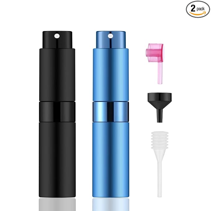 2 PCS/8ml Portable Mini Perfume Atomizer bottles, Empty Refillable Spray Bottle with 3 Types of Refill Tools, Pocket Travel Perfume Sample Bottles(Matte Black&Blue)