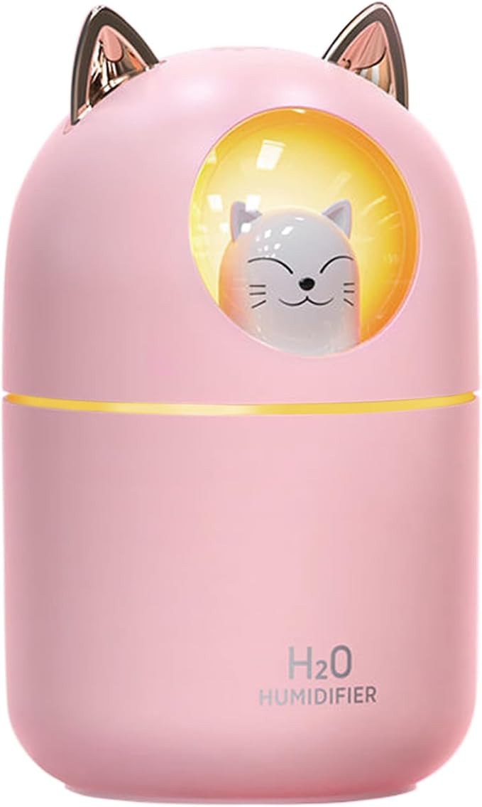 Small Humidifier Cute Portable Cool Mist 300ML 7 Color Night Light USB Air Humidifier for Bedroom Office Desk Car Plants Travel (Pink)