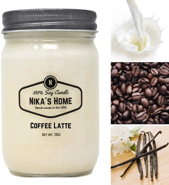 Nika's Home Coffee Latte Soy Candle - 12oz Mason Jar - Non-Toxic - Hand Poured in The USA, Long Burning 50-60 Hours Highly Scented All Natural, Clean Burning