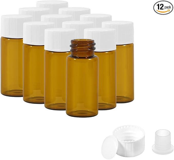 12PCS 4ml Amber Glass Vials with White Screw Caps and Plastic Stoppers, 1 Dram Leak-Proof Small Liquid Sample Bottles for Essential Oils, Perfumes, Reagents