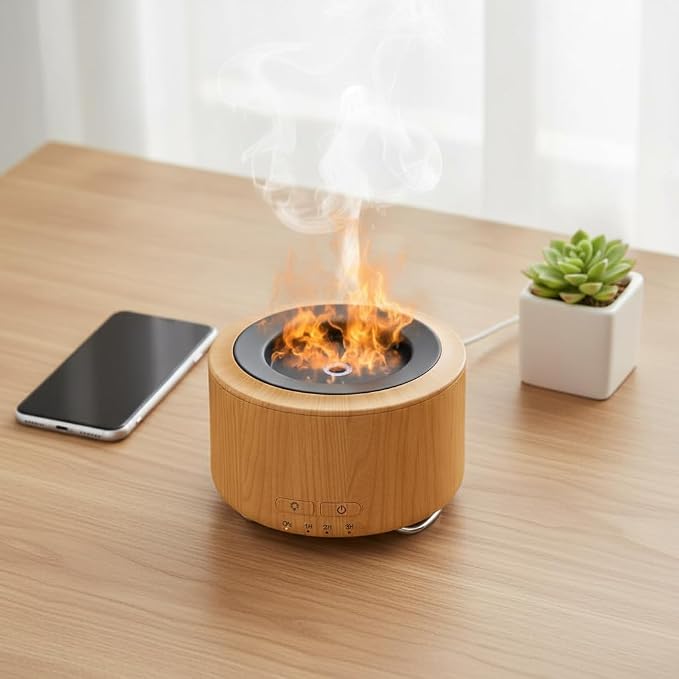 Essential Oil Diffuser with Flame,500ml Humidifier Aromatherapy Diffuser with Auto Off for Home&Office&Bedroom,Brown