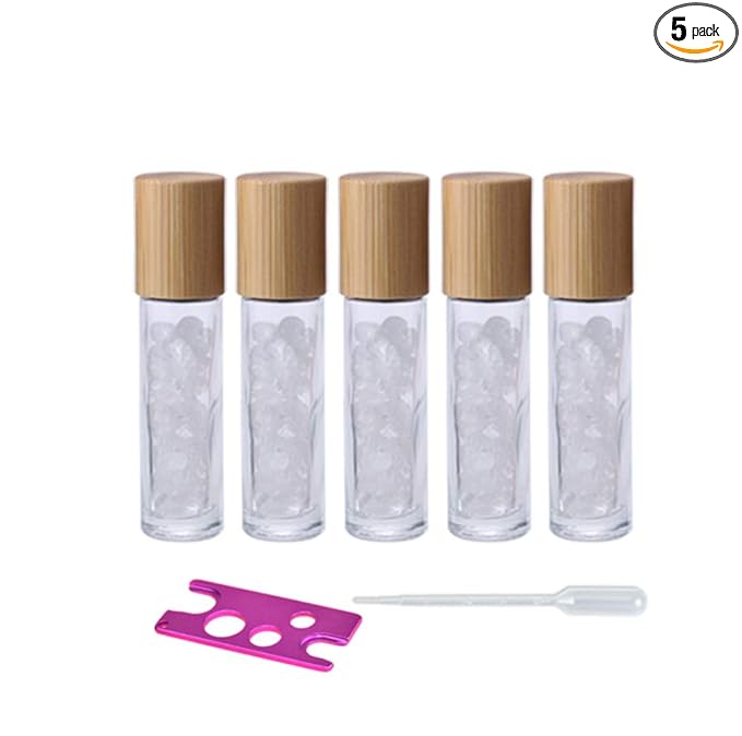 5 Pack 10ml Clear Roll On Bottles With Natural Chakra Crystal Chip for Essential Oils,Perfume Glass Roller Bottles Container Bamboo Lid,Crystal Roller,Pipette&Opener Included
