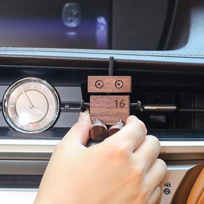 Car Air Diffuser - 2-in-1 Shaking Wooden Man Figurine & Refillable Aroma Vent Clip with 5ml Capacity + 5 Sticks, Walnut Wood Essential Oil Air Freshener Car Dashboard Accessories Decor Gift for Driver