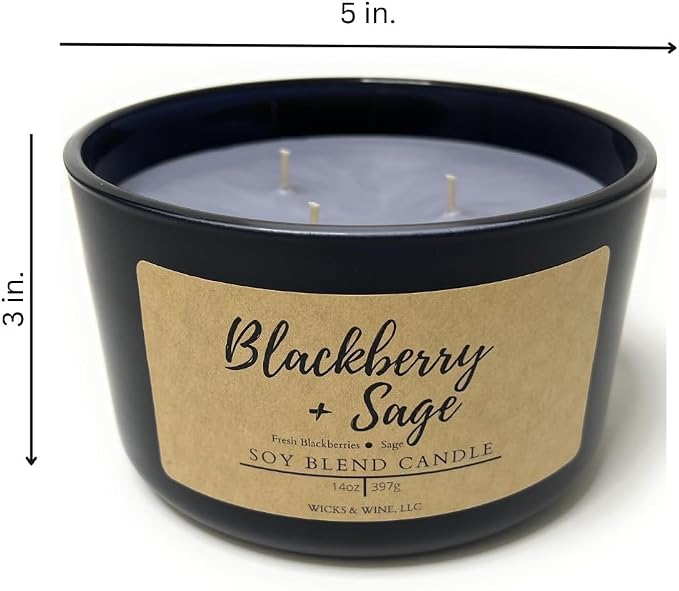 Wicks & Wine Soy Blend 3-Wick Cotton CORE Candle 14oz (BlackBerry Sage)