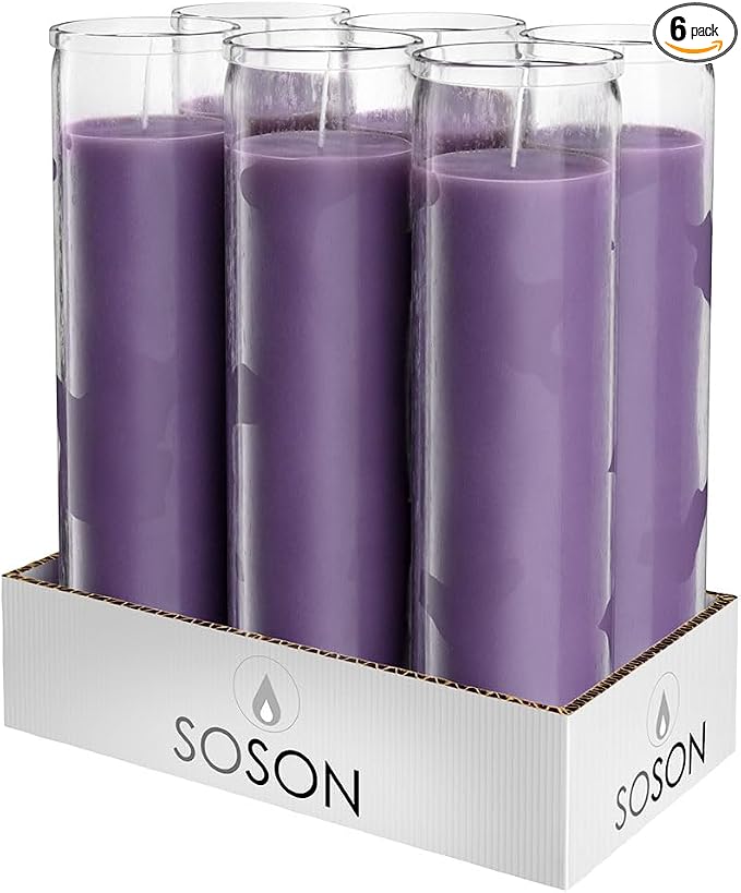 Simply Soson 2x8 inch Purple Devotional Candles in Glass Jar - 6 Pack - 90 Hours – Prayer Candle - Tall Pillar Candles for Religious, Memorials, Party Décor