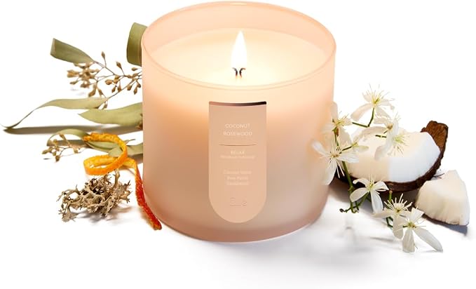 CUE Scented Candle |MoodBoost Essential Oils |OpenWick Clean Burning Candle | Soy Coconut Wax Blend | for Home | Mother's Day Candle Gift |Extended Burn Time (14oz, Coconut Rosewood)