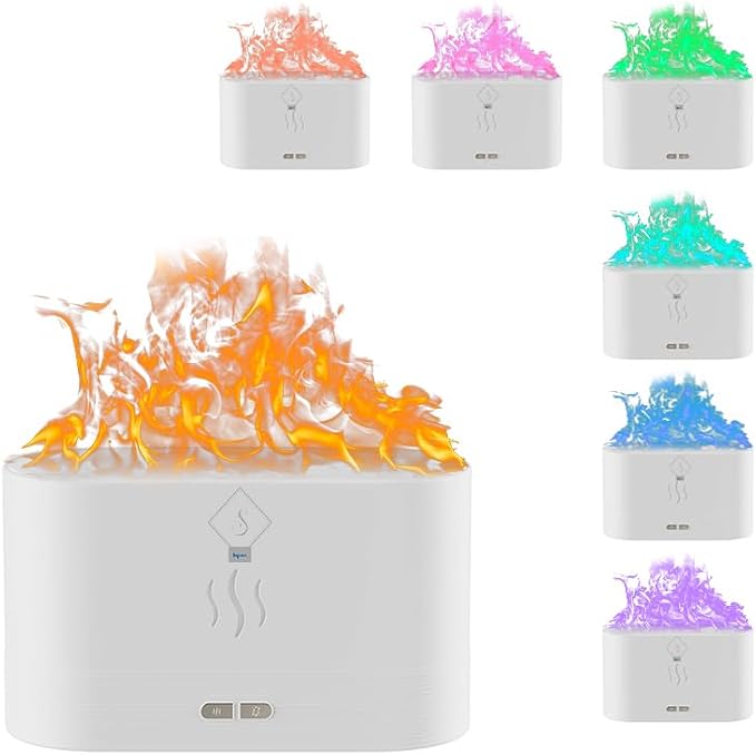 Essential Oil Diffuser, Humidifier with 7 Colors Flame Light, Portable, noiseless,180ml Air Humidifiers for Bedroom, Home, Office-Portable, Auto-Off Aromatherapy Diffuser with Modes Fire Mist (White)
