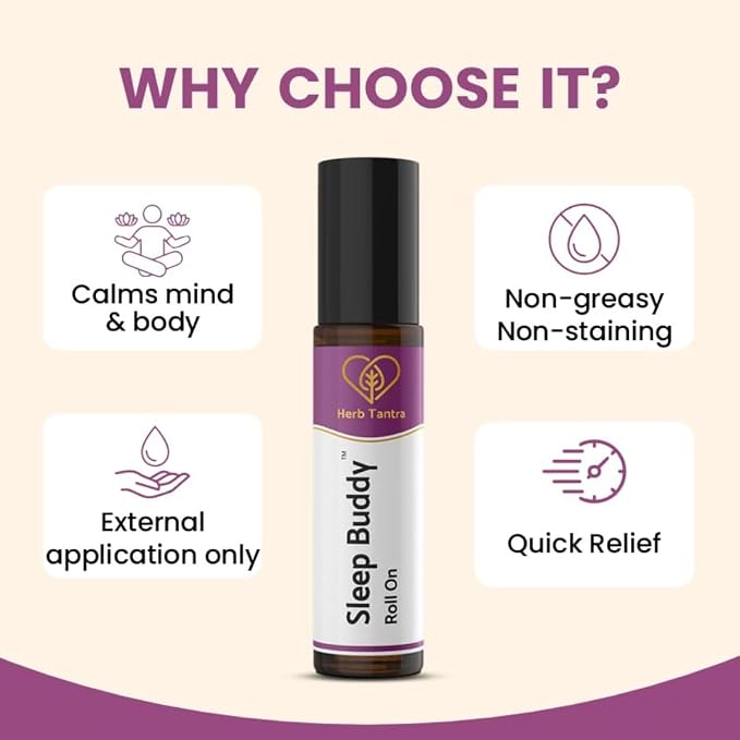 Herb Tantra Sleep Buddy Roll On | Calming Essential Oil Blend of Valerian, Lavender, Chamomile, St. John's Wort | Pungent Aroma | 100% Natural & Pure | 0.3 fl oz