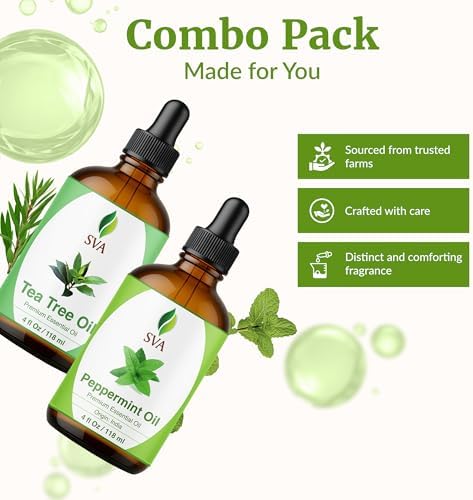 SVA Peppermint and Tea Tree Essential Oil 4 oz Bundle Super Saver Combo – Premium Grade Value Set for Hair Oiling, Scalp Massage, Hair Care, Skin Care and Body Massage