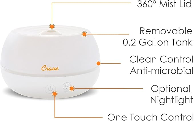 Crane Portable Ultrasonic Travel Humidifier & Aroma Diffuser – 0.2 Gallon Cool Mist, No Filter Required, Optional Essential Oil Tray, Whisper-Quiet for Babies, Travel, & Small Rooms (White)