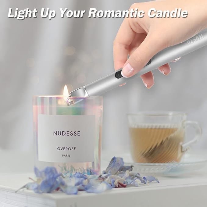 Candle Lighter, Electric Rechargeable USB, Arc Windproof Flameless Plasma Lighter Long Stick with Rope and Ring, No Butane Fluid, Perfect for Candle BBQ Camping Kitchen Stove, Silver