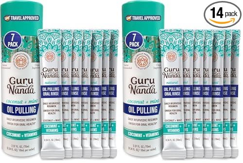 GuruNanda Travel Sachets Coconut Oil Pulling, Fresh Breath Mouthwash, 7 Essential Oils & Vitamins for Happy Teeth & Gums, 7 Sachets (Pack of 2)