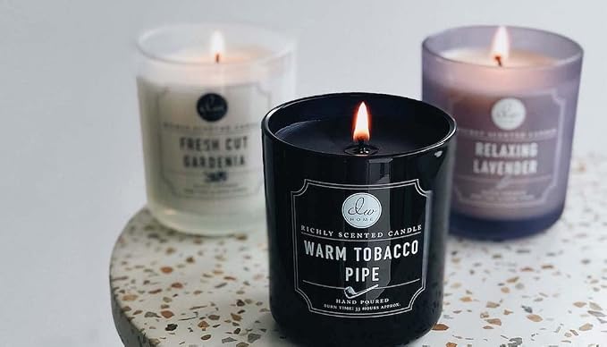 DW Home Warm Tobacco Pipe Scented Candles, 9 oz Single Wick Medium Jar, Up to 33 Hour Burn Time, Hand-Poured, Strong Long Lasting Woodsy Fragrance, Gifts for Men & Women