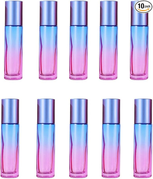 10 Packs 10ml Gradient Color Essential Oil Roller Bottles,Thick Glass Empty Refillable Roll On Bottles with Stainless Steel Roller Balls for Travel,Fragrance,Perfume, Essential Oil (Blue)