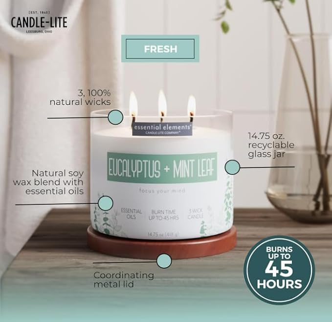 Essential Elements by Candle-lite Scented Candles, Eucalyptus & Mint Leaf Fragrance, One 14.75 oz. Three-Wick Aromatherapy Candle with 45 Hours of Burn Time, Off-White Color